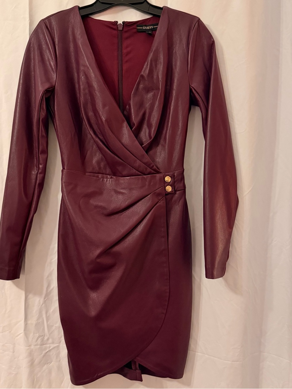 GUESS Long-Sleeve Faux Leather Wrap Dress